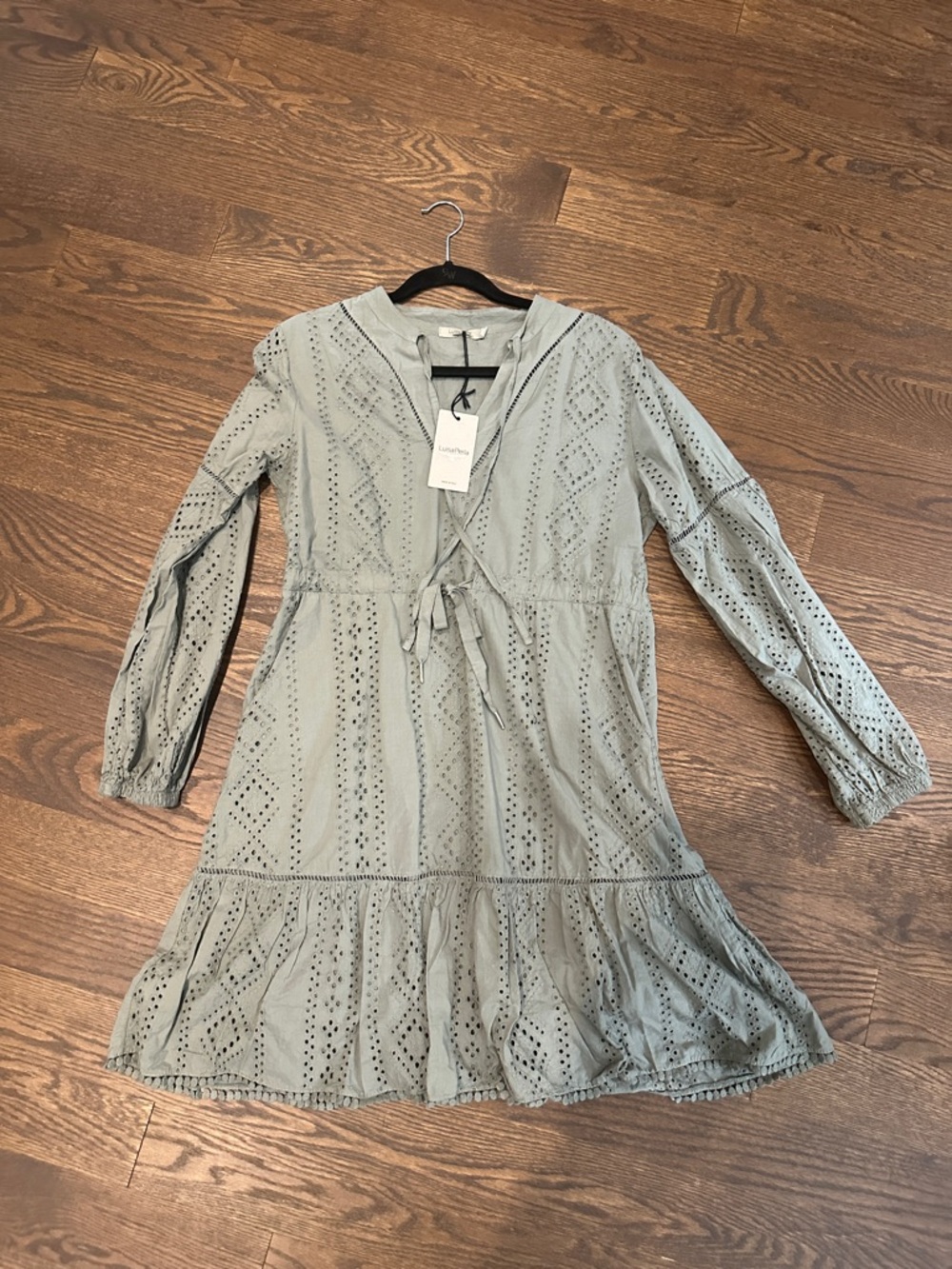 Eyelet Tie-Waist Long Sleeve Dress in Sage Green